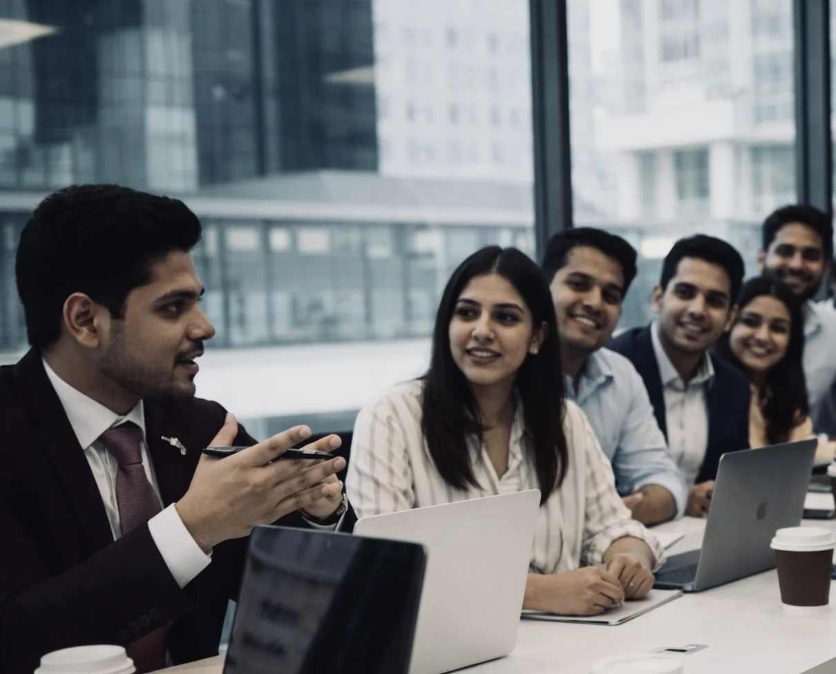 Muhammad Laraib Khan leading a team meeting